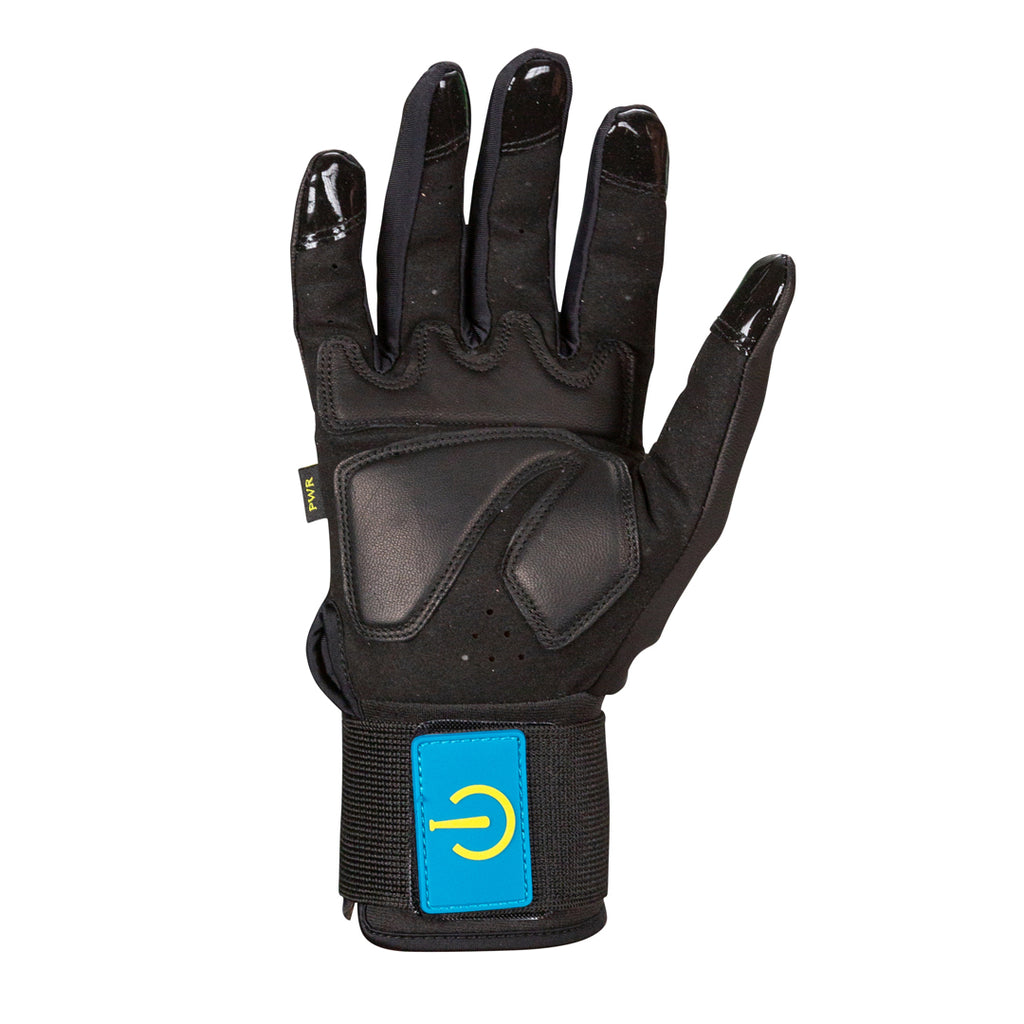 XVLO Pulse Line – Trigger Hand Edition black and blue goatskin glove with finger-lock grip zones. Designed for fast hands, swing tempo, and bat control.