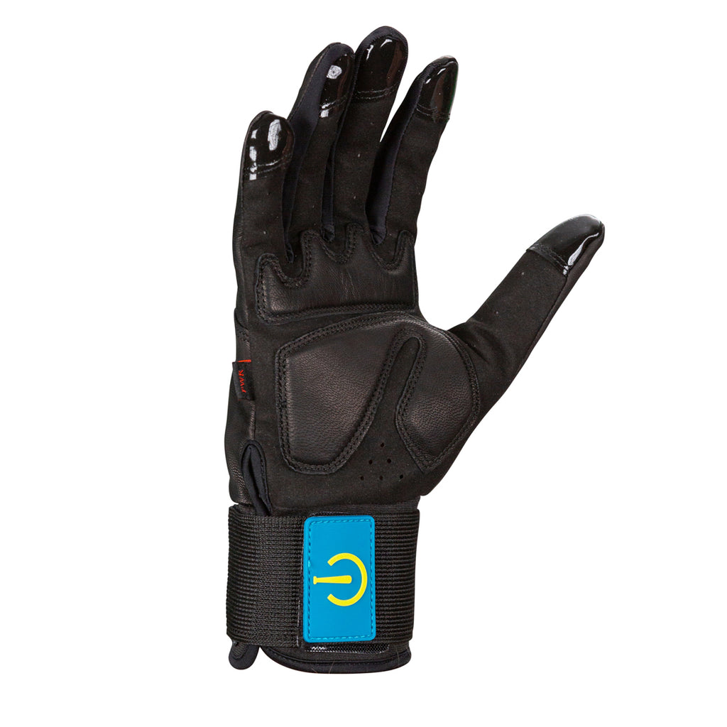 XVLO Pulse Line – Trigger Hand Edition black and blue goatskin glove with finger-lock grip zones. Designed for fast hands, swing tempo, and bat control.
